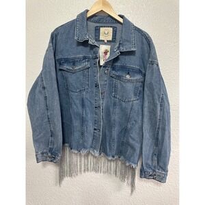 Fantastic Fawn Womens Denim Jacket Medium Wash Silver Tinsel Fringe Raw Hem L